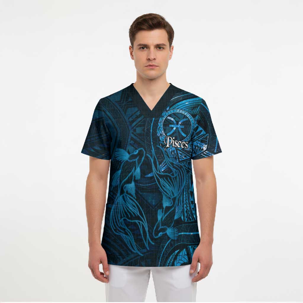 Personalised Polynesia Zodiac Pisces Scrub Top Galaxy Polynesian Pattern Chest Tattoo Style