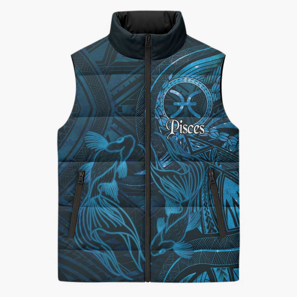 Personalised Polynesia Zodiac Pisces Sleeveless Puffer Jacket Galaxy Polynesian Pattern Chest Tattoo Style LT14 Unisex Blue - Polynesian Pride