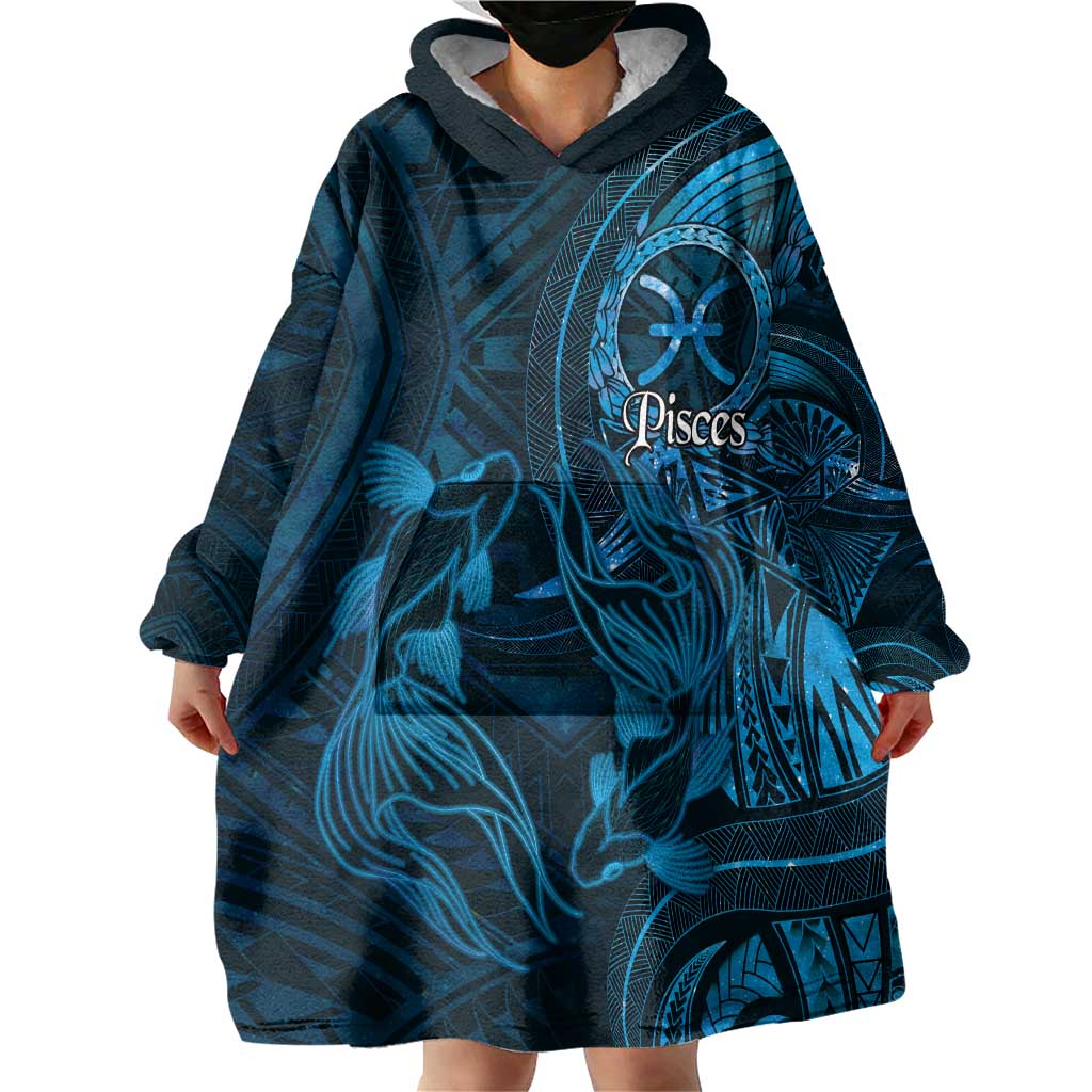Personalised Polynesia Zodiac Pisces Wearable Blanket Hoodie Galaxy Polynesian Pattern Chest Tattoo Style