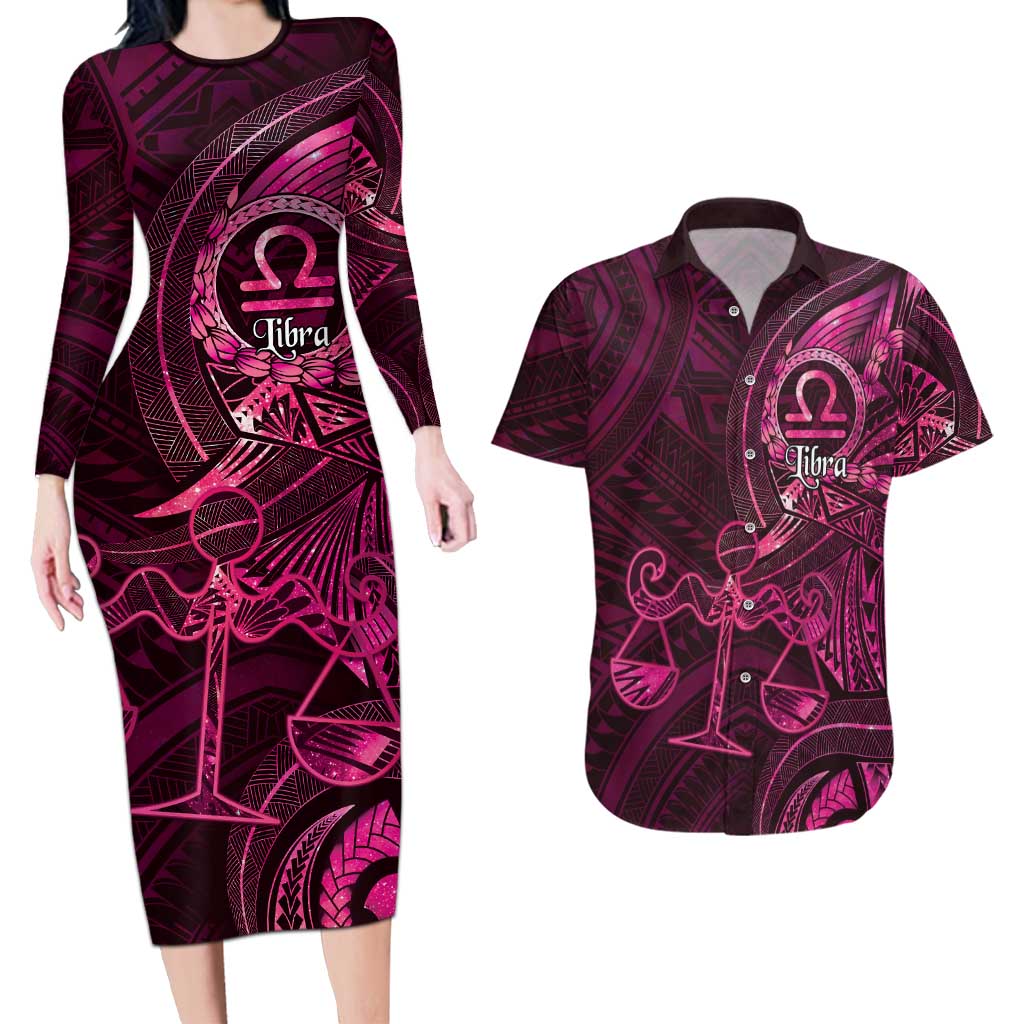 Personalised Polynesia Zodiac Libra Couples Matching Long Sleeve Bodycon Dress and Hawaiian Shirt Galaxy Polynesian Pattern Chest Tattoo Style