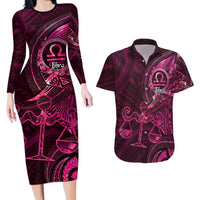 Personalised Polynesia Zodiac Libra Couples Matching Long Sleeve Bodycon Dress and Hawaiian Shirt Galaxy Polynesian Pattern Chest Tattoo Style