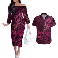 Personalised Polynesia Zodiac Libra Couples Matching Off The Shoulder Long Sleeve Dress and Hawaiian Shirt Galaxy Polynesian Pattern Chest Tattoo Style