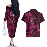 Personalised Polynesia Zodiac Libra Couples Matching Off The Shoulder Long Sleeve Dress and Hawaiian Shirt Galaxy Polynesian Pattern Chest Tattoo Style
