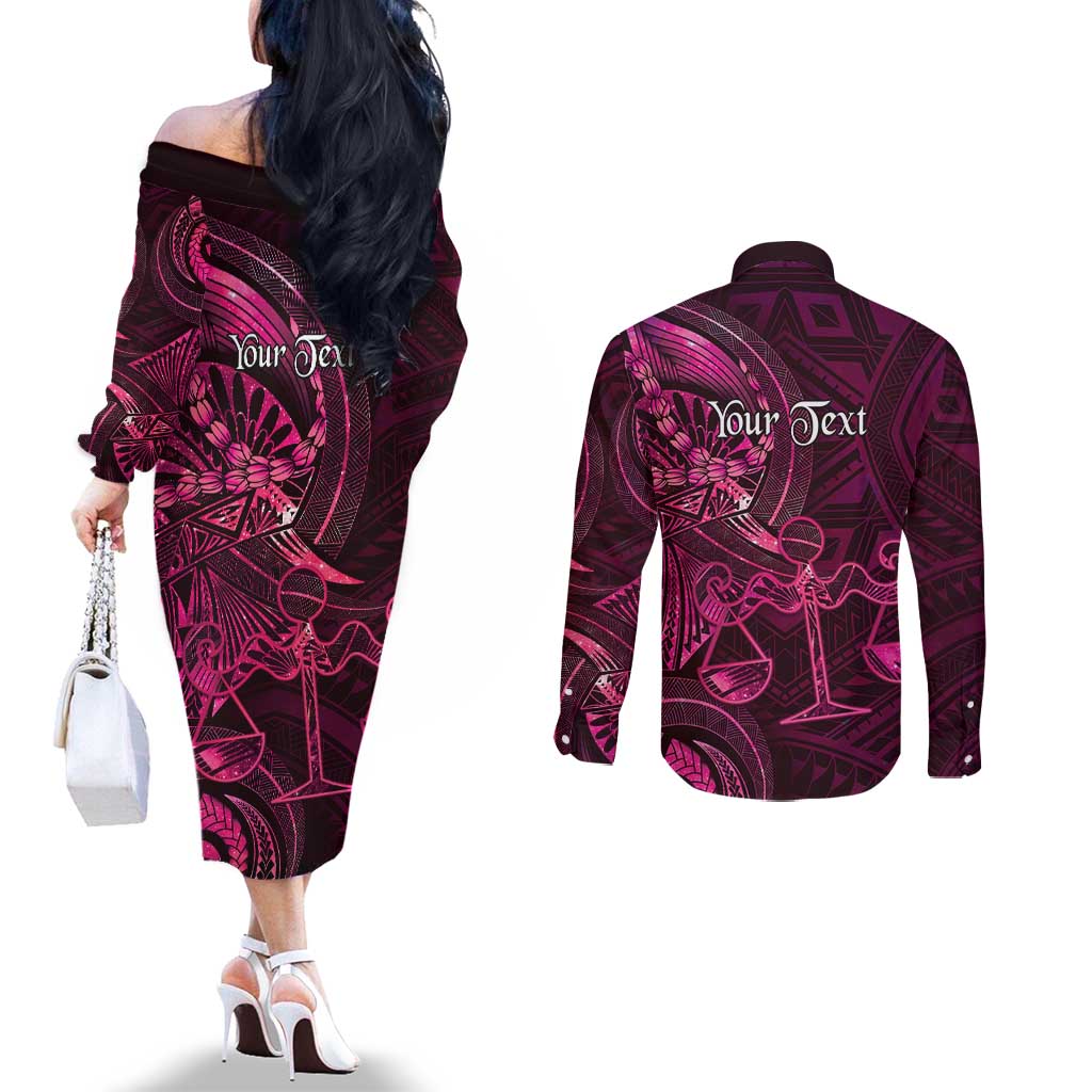 Personalised Polynesia Zodiac Libra Couples Matching Off The Shoulder Long Sleeve Dress and Long Sleeve Button Shirt Galaxy Polynesian Pattern Chest Tattoo Style