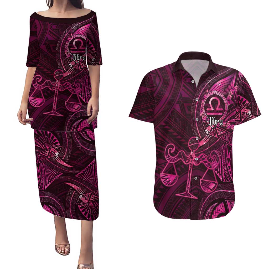 Personalised Polynesia Zodiac Libra Couples Matching Puletasi and Hawaiian Shirt Galaxy Polynesian Pattern Chest Tattoo Style