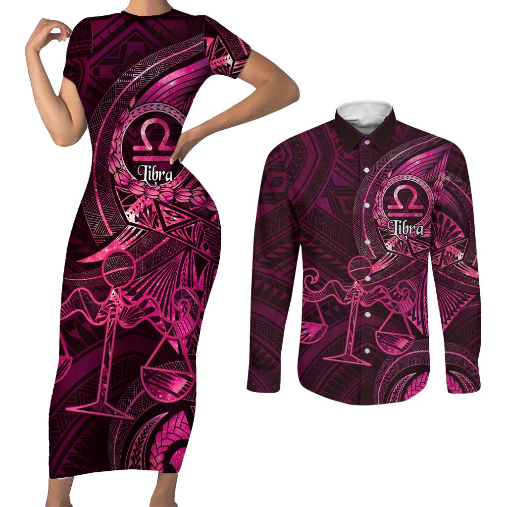 Personalised Polynesia Zodiac Libra Couples Matching Short Sleeve Bodycon Dress and Long Sleeve Button Shirt Galaxy Polynesian Pattern Chest Tattoo Style LT14 Pink - Polynesian Pride