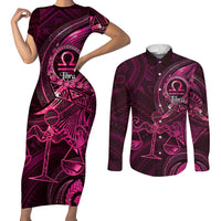 Personalised Polynesia Zodiac Libra Couples Matching Short Sleeve Bodycon Dress and Long Sleeve Button Shirt Galaxy Polynesian Pattern Chest Tattoo Style LT14 Pink - Polynesian Pride