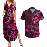 Personalised Polynesia Zodiac Libra Couples Matching Summer Maxi Dress and Hawaiian Shirt Galaxy Polynesian Pattern Chest Tattoo Style LT14 Pink - Polynesian Pride
