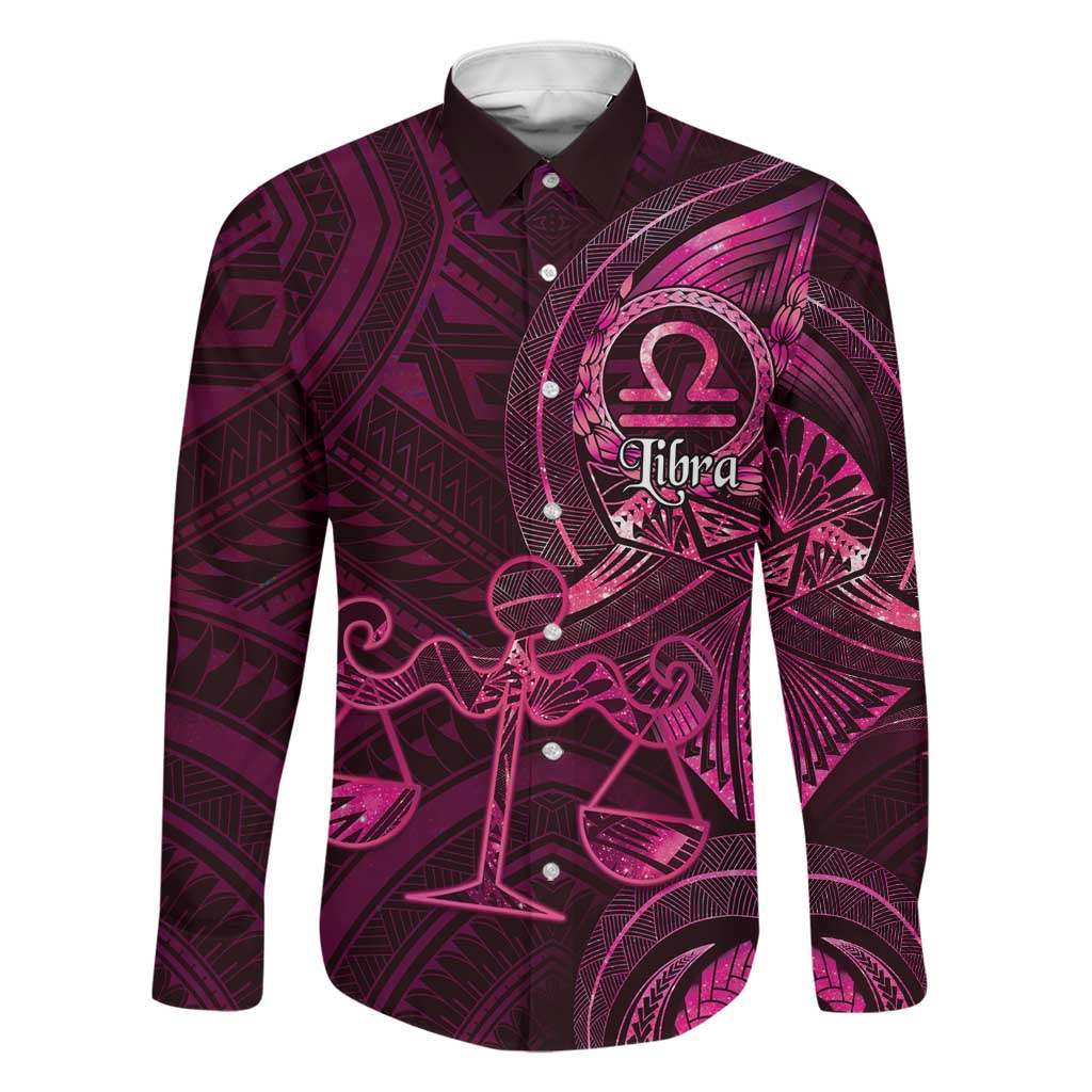 Personalised Polynesia Zodiac Libra Family Matching Off Shoulder Maxi Dress and Hawaiian Shirt Galaxy Polynesian Pattern Chest Tattoo Style LT14 Dad's Shirt - Long Sleeve Pink - Polynesian Pride