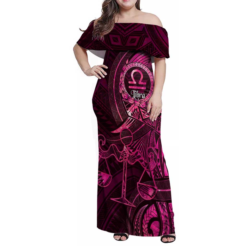 Personalised Polynesia Zodiac Libra Family Matching Off Shoulder Maxi Dress and Hawaiian Shirt Galaxy Polynesian Pattern Chest Tattoo Style LT14 Mom's Dress Pink - Polynesian Pride