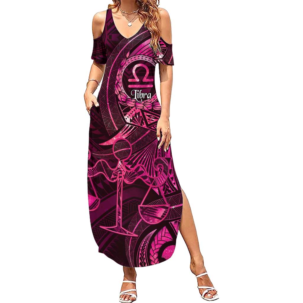 Personalised Polynesia Zodiac Libra Family Matching Summer Maxi Dress and Hawaiian Shirt Galaxy Polynesian Pattern Chest Tattoo Style LT14 Mom's Dress Pink - Polynesian Pride