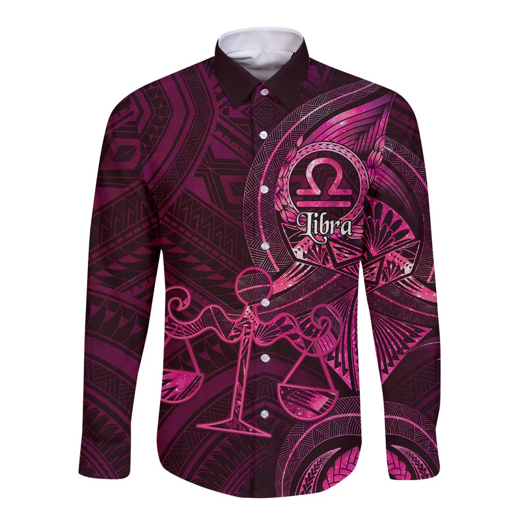 Personalised Polynesia Zodiac Libra Long Sleeve Button Shirt Galaxy Polynesian Pattern Chest Tattoo Style