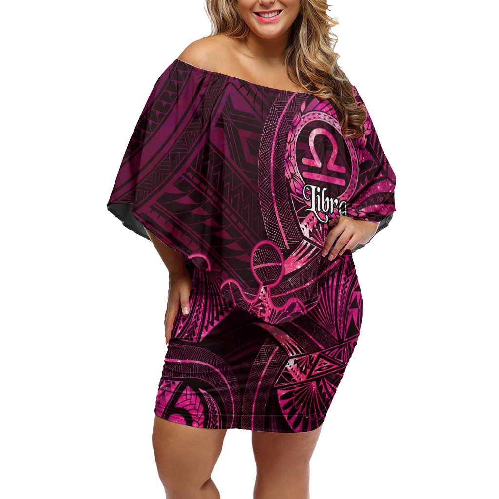 Personalised Polynesia Zodiac Libra Off Shoulder Short Dress Galaxy Polynesian Pattern Chest Tattoo Style LT14 Women Pink - Polynesian Pride