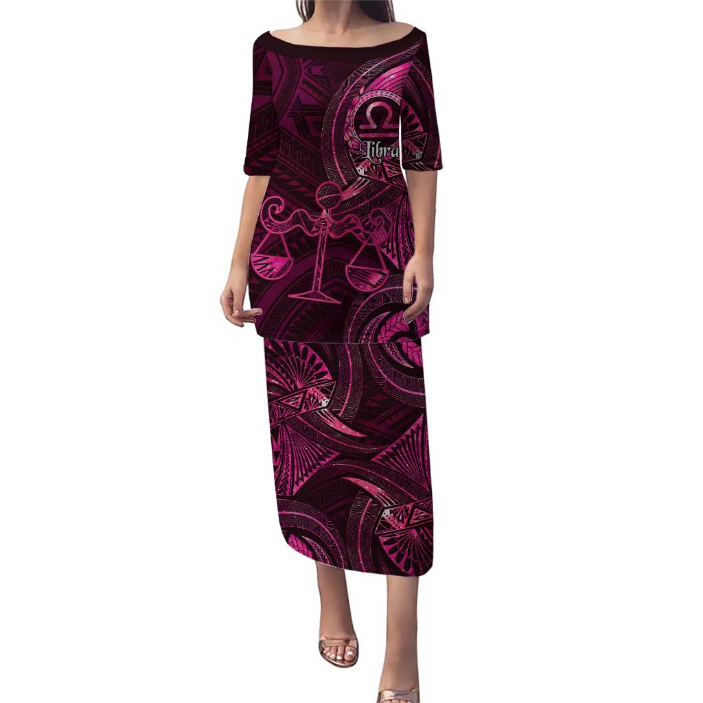 Personalised Polynesia Zodiac Libra Puletasi Galaxy Polynesian Pattern Chest Tattoo Style LT14 Long Dress Pink - Polynesian Pride