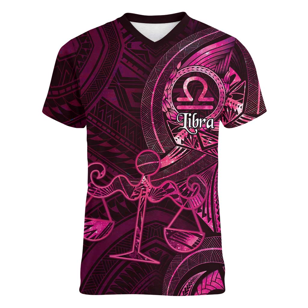 Personalised Polynesia Zodiac Libra Women V-Neck T-Shirt Galaxy Polynesian Pattern Chest Tattoo Style