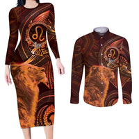Personalised Polynesia Zodiac Leo Couples Matching Long Sleeve Bodycon Dress and Long Sleeve Button Shirt Galaxy Polynesian Pattern Chest Tattoo Style