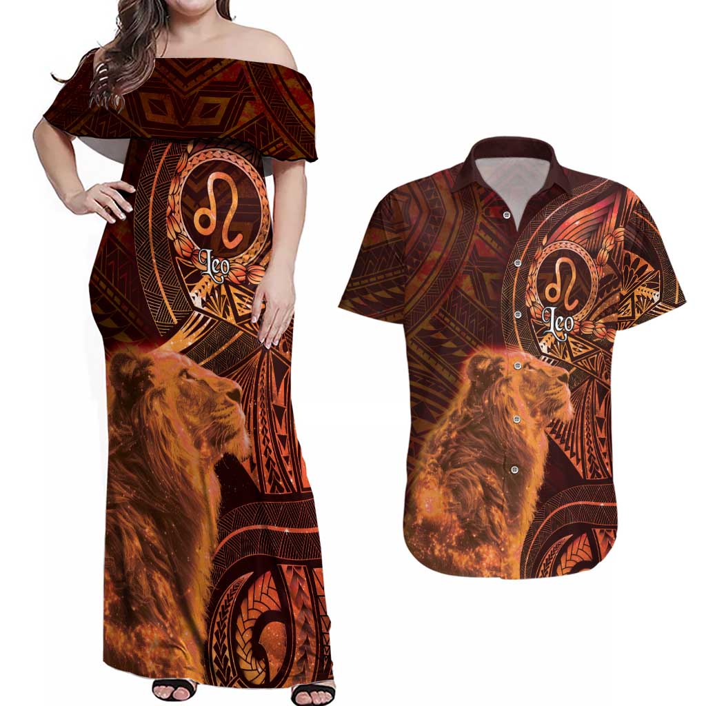 Personalised Polynesia Zodiac Leo Couples Matching Off Shoulder Maxi Dress and Hawaiian Shirt Galaxy Polynesian Pattern Chest Tattoo Style