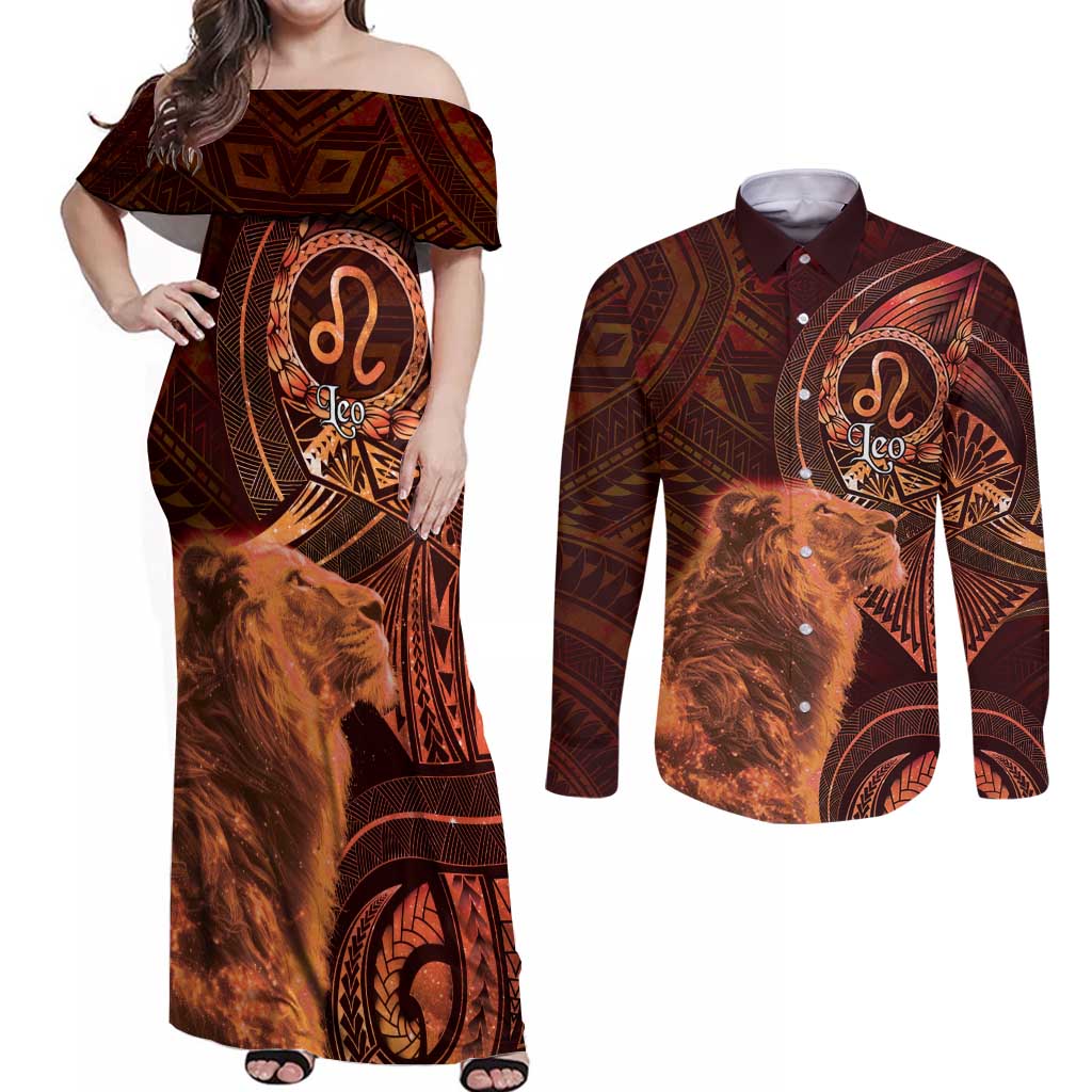 Personalised Polynesia Zodiac Leo Couples Matching Off Shoulder Maxi Dress and Long Sleeve Button Shirt Galaxy Polynesian Pattern Chest Tattoo Style
