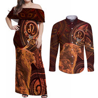 Personalised Polynesia Zodiac Leo Couples Matching Off Shoulder Maxi Dress and Long Sleeve Button Shirt Galaxy Polynesian Pattern Chest Tattoo Style