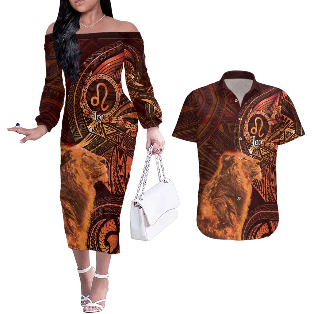 Personalised Polynesia Zodiac Leo Couples Matching Off The Shoulder Long Sleeve Dress and Hawaiian Shirt Galaxy Polynesian Pattern Chest Tattoo Style LT14 Orange - Polynesian Pride