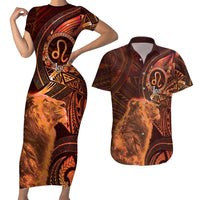 Personalised Polynesia Zodiac Leo Couples Matching Short Sleeve Bodycon Dress and Hawaiian Shirt Galaxy Polynesian Pattern Chest Tattoo Style LT14 Orange - Polynesian Pride