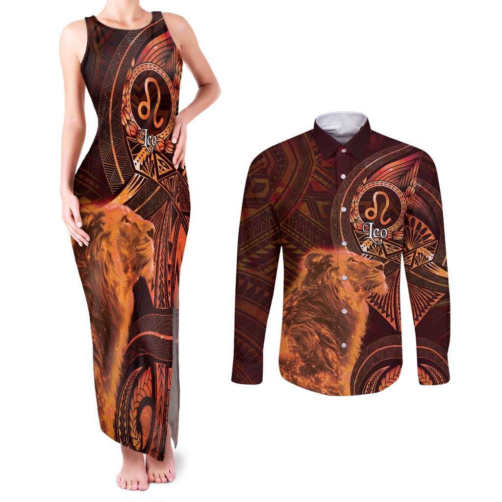 Personalised Polynesia Zodiac Leo Couples Matching Tank Maxi Dress and Long Sleeve Button Shirt Galaxy Polynesian Pattern Chest Tattoo Style