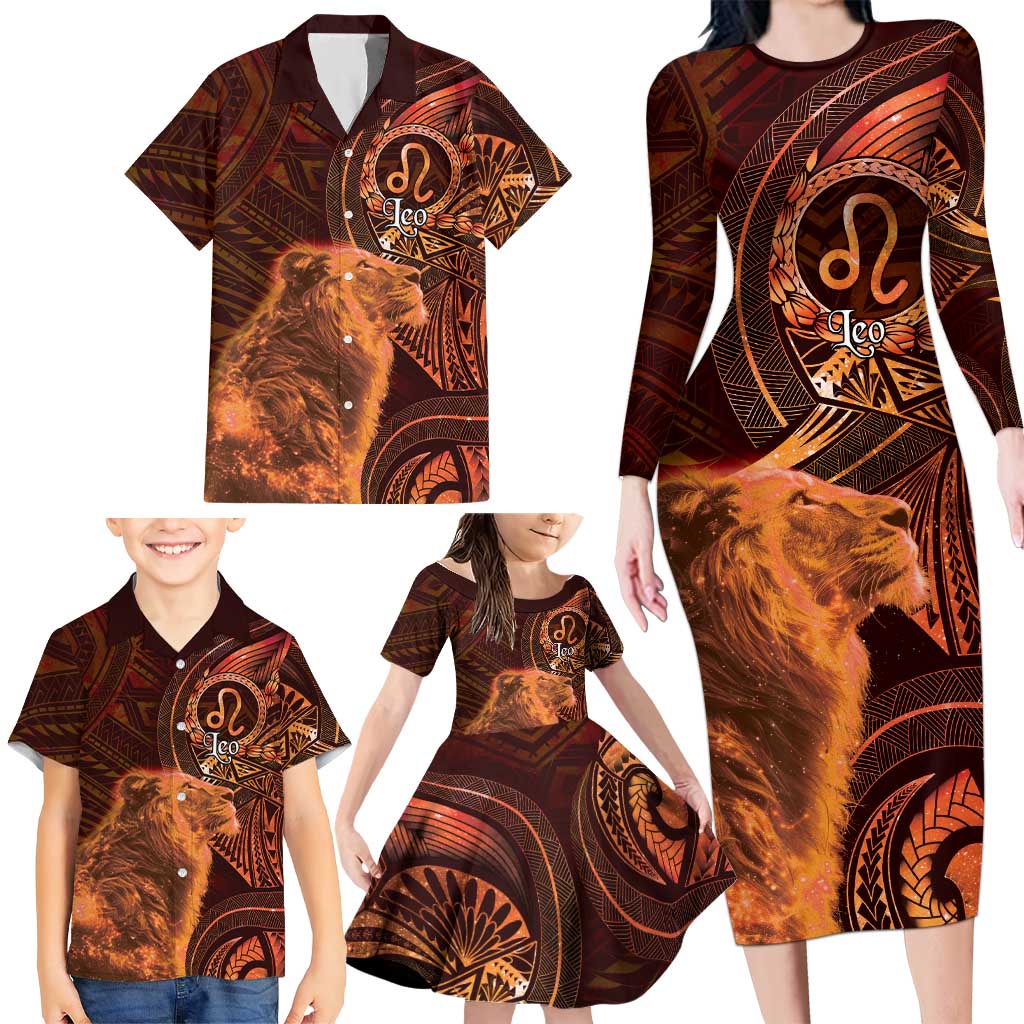 Personalised Polynesia Zodiac Leo Family Matching Long Sleeve Bodycon Dress and Hawaiian Shirt Galaxy Polynesian Pattern Chest Tattoo Style LT14 - Polynesian Pride