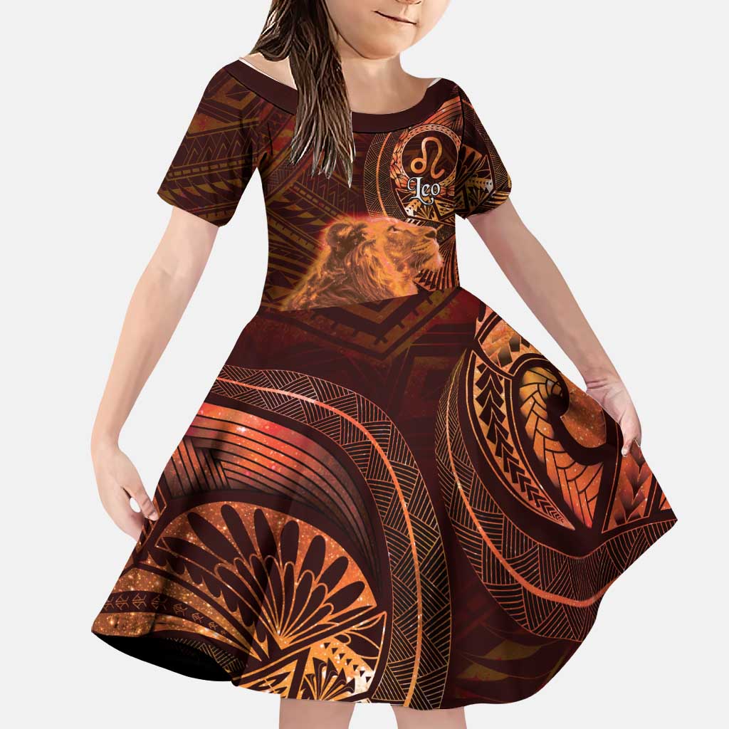 Personalised Polynesia Zodiac Leo Family Matching Mermaid Dress and Hawaiian Shirt Galaxy Polynesian Pattern Chest Tattoo Style LT14 Daughter's Dress Orange - Polynesian Pride