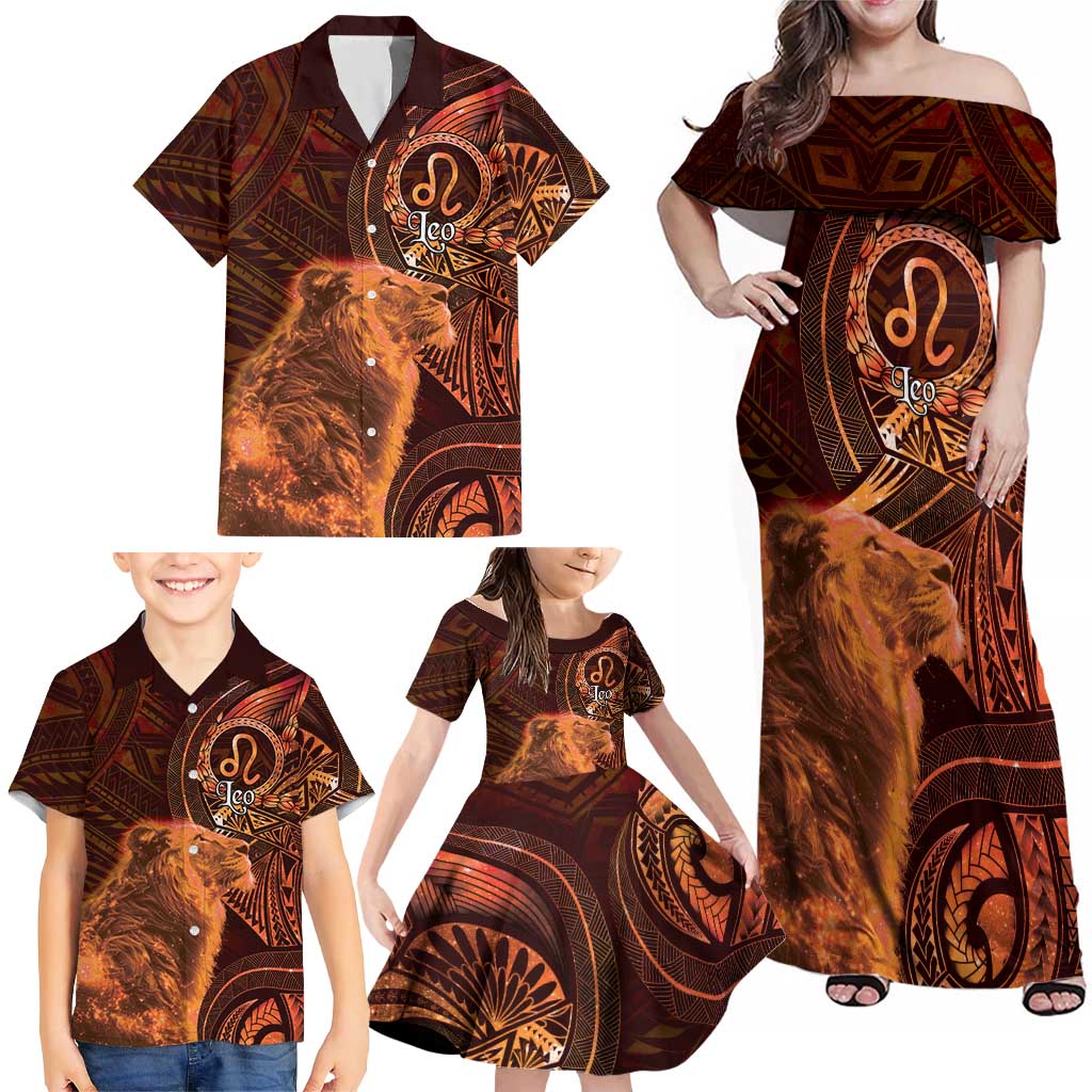 Personalised Polynesia Zodiac Leo Family Matching Off Shoulder Maxi Dress and Hawaiian Shirt Galaxy Polynesian Pattern Chest Tattoo Style