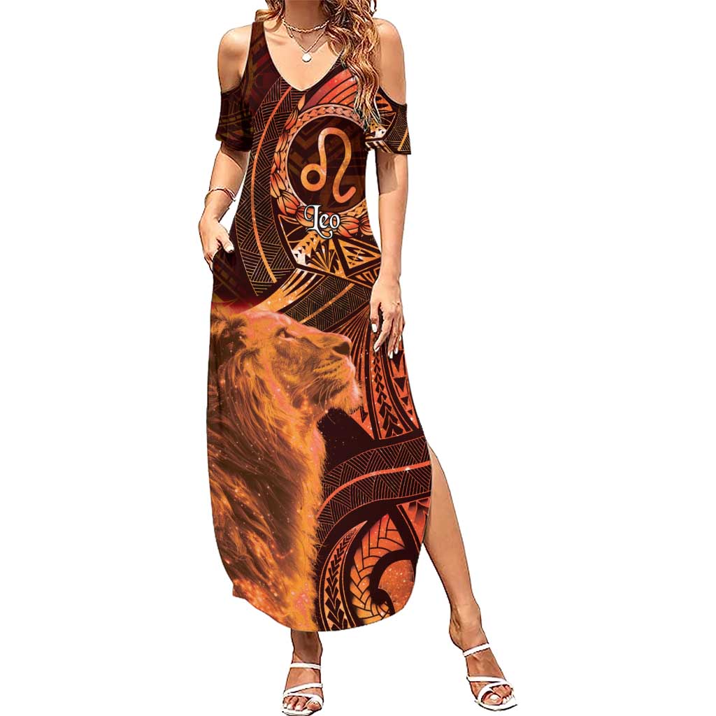Personalised Polynesia Zodiac Leo Family Matching Summer Maxi Dress and Hawaiian Shirt Galaxy Polynesian Pattern Chest Tattoo Style LT14 Mom's Dress Orange - Polynesian Pride