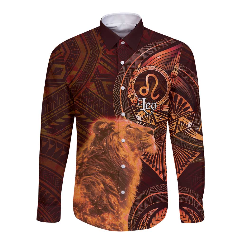 Personalised Polynesia Zodiac Leo Long Sleeve Button Shirt Galaxy Polynesian Pattern Chest Tattoo Style