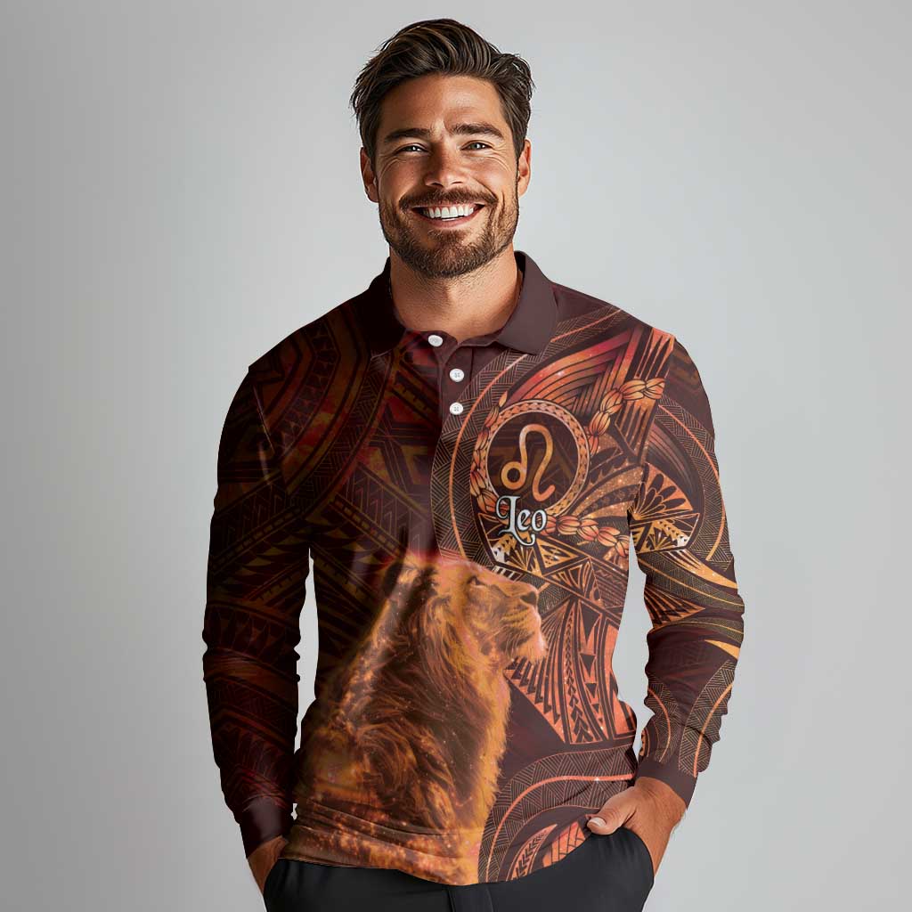 Personalised Polynesia Zodiac Leo Long Sleeve Polo Shirt Galaxy Polynesian Pattern Chest Tattoo Style LT14 - Polynesian Pride
