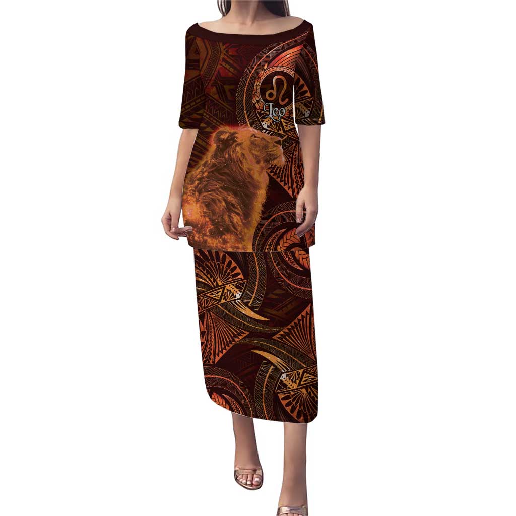 Personalised Polynesia Zodiac Leo Puletasi Galaxy Polynesian Pattern Chest Tattoo Style LT14 Long Dress Orange - Polynesian Pride