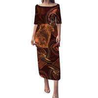 Personalised Polynesia Zodiac Leo Puletasi Galaxy Polynesian Pattern Chest Tattoo Style LT14 Long Dress Orange - Polynesian Pride