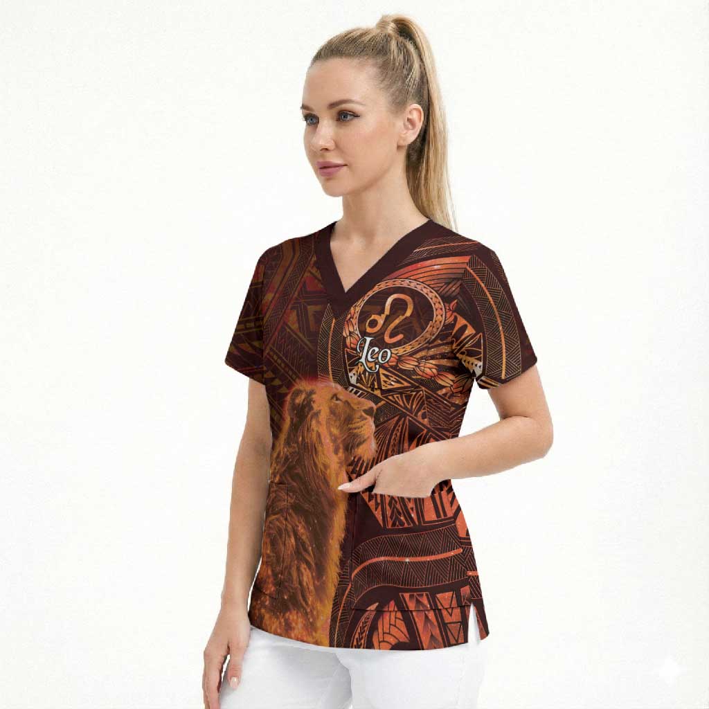 Personalised Polynesia Zodiac Leo Scrub Top Galaxy Polynesian Pattern Chest Tattoo Style