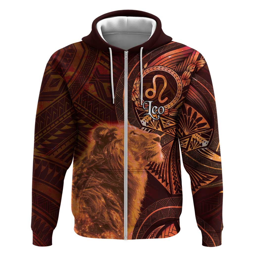 Personalised Polynesia Zodiac Leo Zip Hoodie Galaxy Polynesian Pattern Chest Tattoo Style LT14 Zip Hoodie Orange - Polynesian Pride