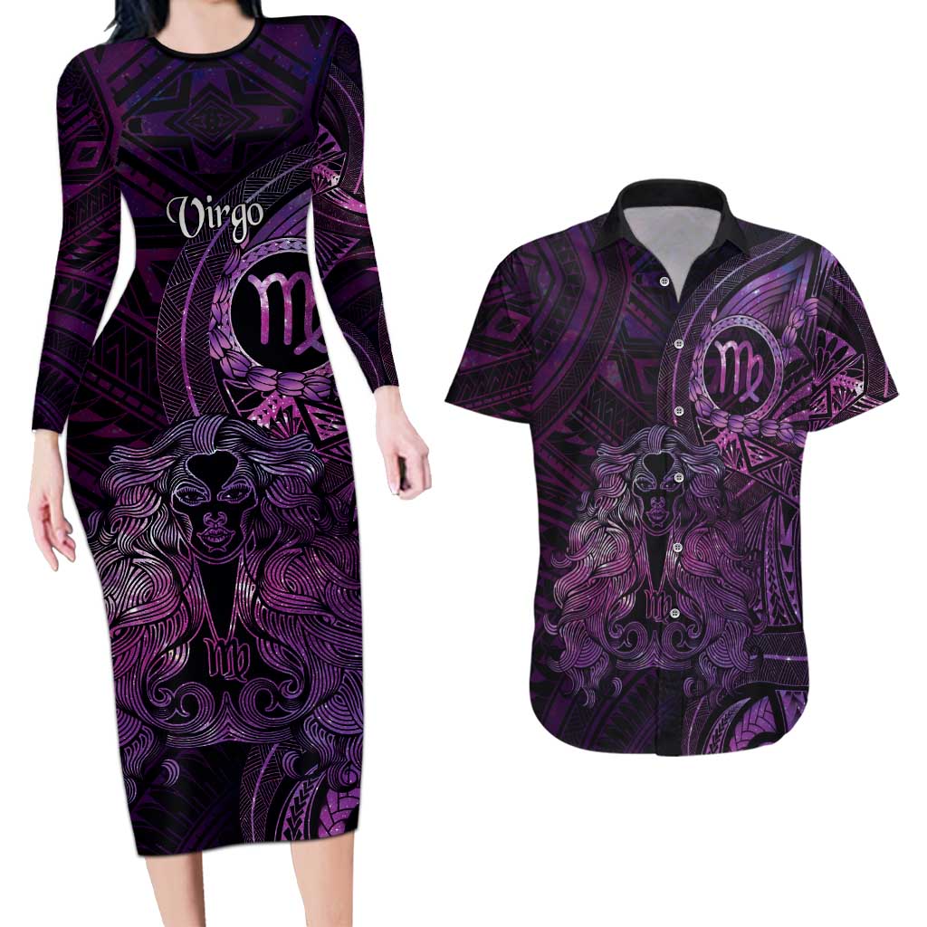 Personalised Polynesia Zodiac Virgo Couples Matching Long Sleeve Bodycon Dress and Hawaiian Shirt Galaxy Polynesian Pattern Chest Tattoo Style