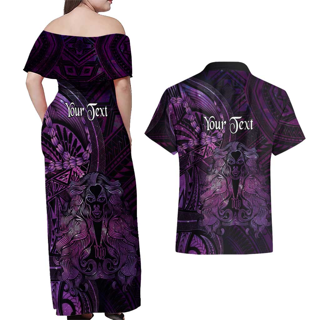Personalised Polynesia Zodiac Virgo Couples Matching Off Shoulder Maxi Dress and Hawaiian Shirt Galaxy Polynesian Pattern Chest Tattoo Style