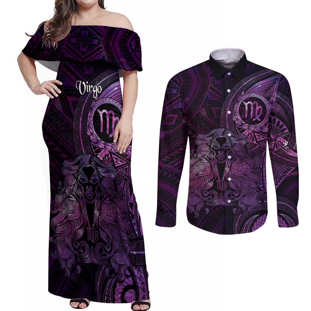 Personalised Polynesia Zodiac Virgo Couples Matching Off Shoulder Maxi Dress and Long Sleeve Button Shirt Galaxy Polynesian Pattern Chest Tattoo Style