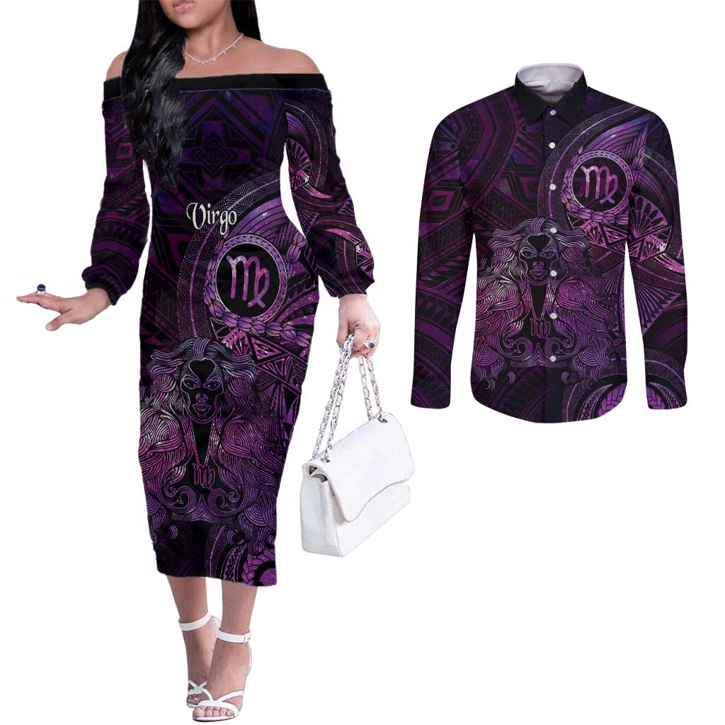 Personalised Polynesia Zodiac Virgo Couples Matching Off The Shoulder Long Sleeve Dress and Long Sleeve Button Shirt Galaxy Polynesian Pattern Chest Tattoo Style