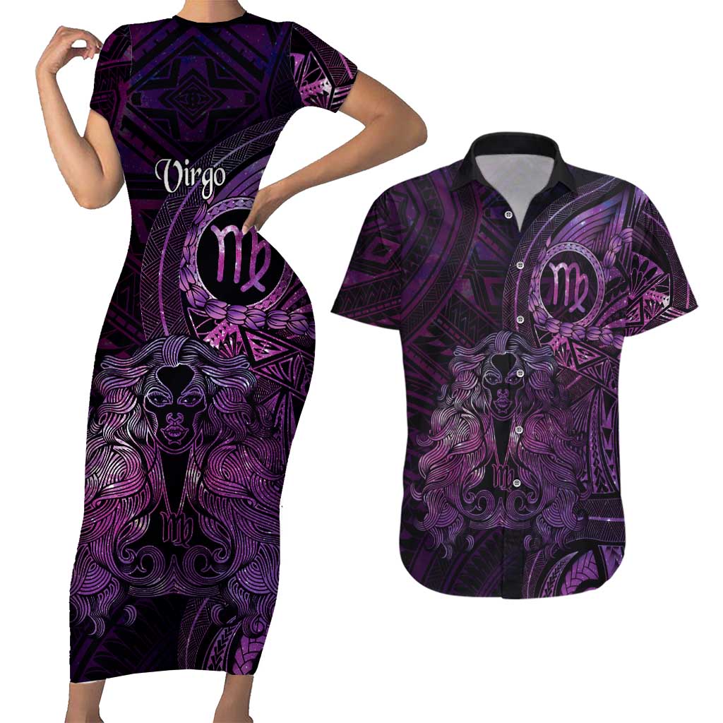 Personalised Polynesia Zodiac Virgo Couples Matching Short Sleeve Bodycon Dress and Hawaiian Shirt Galaxy Polynesian Pattern Chest Tattoo Style