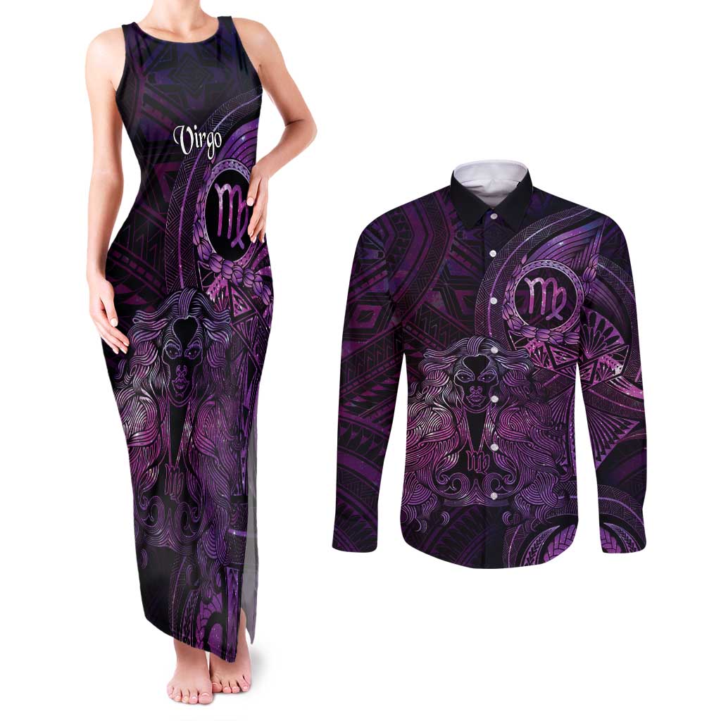 Personalised Polynesia Zodiac Virgo Couples Matching Tank Maxi Dress and Long Sleeve Button Shirt Galaxy Polynesian Pattern Chest Tattoo Style LT14 Purple - Polynesian Pride