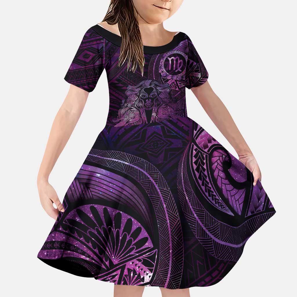 Personalised Polynesia Zodiac Virgo Family Matching Mermaid Dress and Hawaiian Shirt Galaxy Polynesian Pattern Chest Tattoo Style LT14 Daughter's Dress Purple - Polynesian Pride