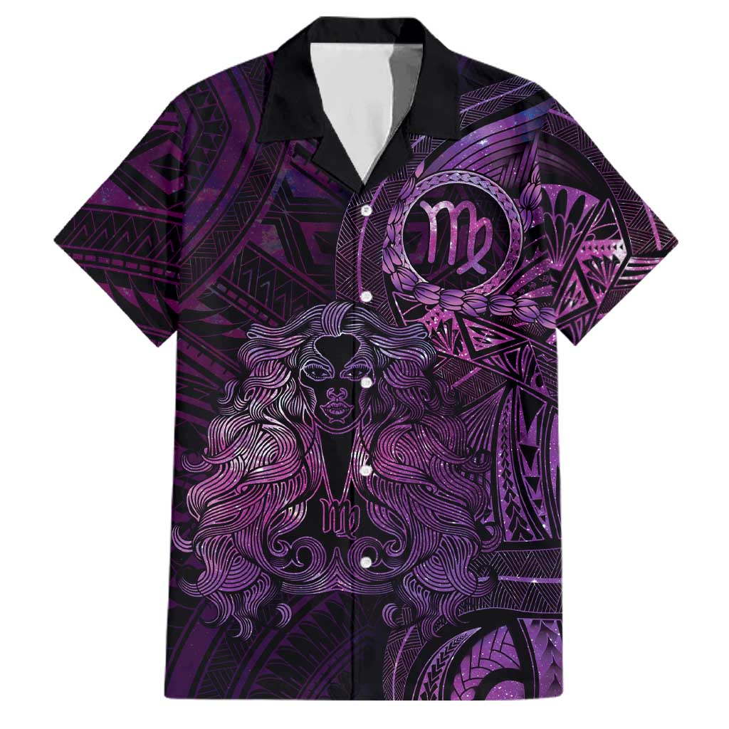 Personalised Polynesia Zodiac Virgo Family Matching Mermaid Dress and Hawaiian Shirt Galaxy Polynesian Pattern Chest Tattoo Style LT14 Dad's Shirt - Short Sleeve Purple - Polynesian Pride