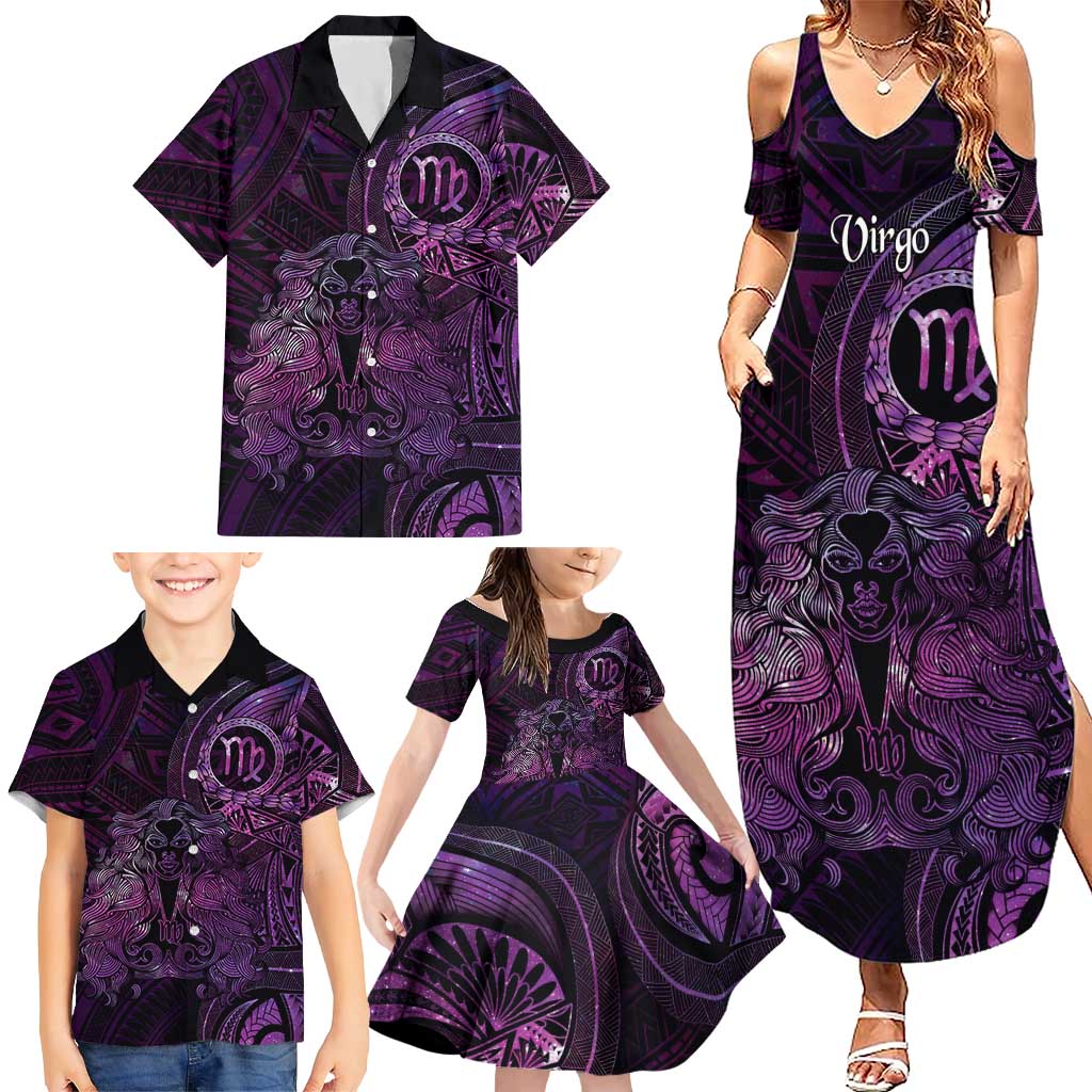 Personalised Polynesia Zodiac Virgo Family Matching Summer Maxi Dress and Hawaiian Shirt Galaxy Polynesian Pattern Chest Tattoo Style