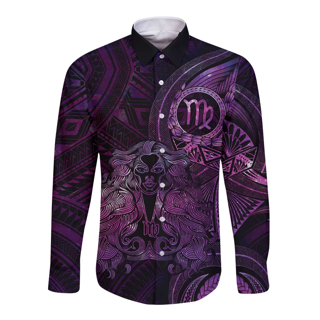 Personalised Polynesia Zodiac Virgo Long Sleeve Button Shirt Galaxy Polynesian Pattern Chest Tattoo Style