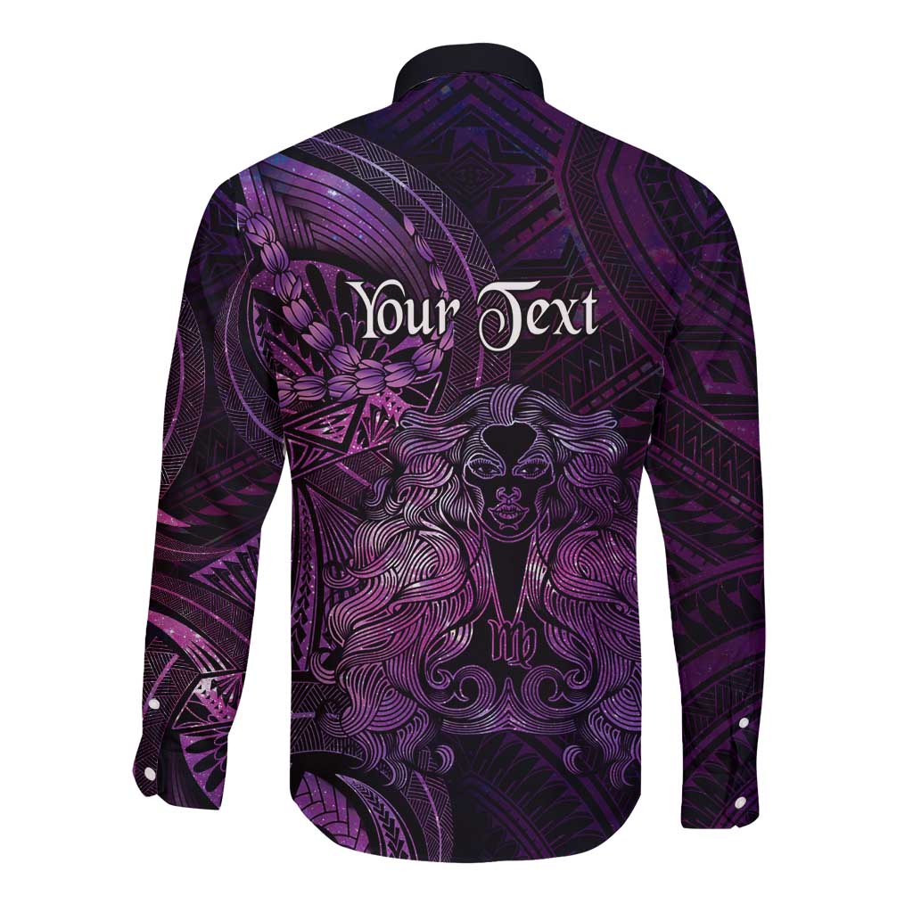 Personalised Polynesia Zodiac Virgo Long Sleeve Button Shirt Galaxy Polynesian Pattern Chest Tattoo Style