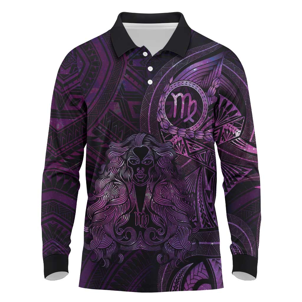 Personalised Polynesia Zodiac Virgo Long Sleeve Polo Shirt Galaxy Polynesian Pattern Chest Tattoo Style LT14 Purple - Polynesian Pride