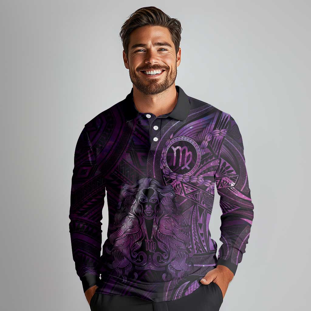 Personalised Polynesia Zodiac Virgo Long Sleeve Polo Shirt Galaxy Polynesian Pattern Chest Tattoo Style LT14 - Polynesian Pride