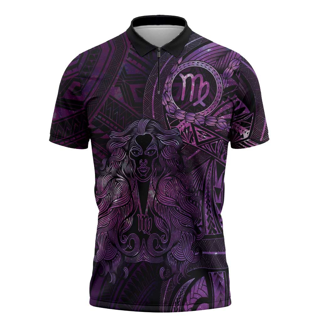 Personalised Polynesia Zodiac Virgo Zipper Polo Shirt Galaxy Polynesian Pattern Chest Tattoo Style LT14 Purple - Polynesian Pride